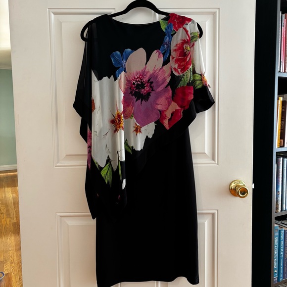 Joseph Ribkoff Black/Multi Floral Chiffon Overlay Slit Sleeve Sheath Dress Sz 8 - Picture 3 of 8